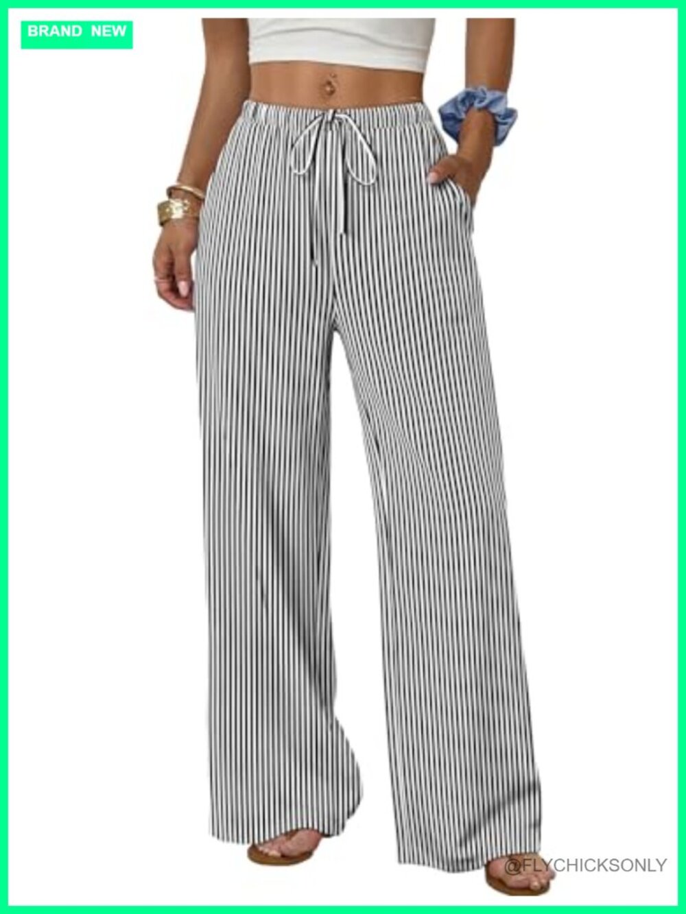 Wide Leg Palazzo Pants with Pockets Drawstring Elastic Waist Flowy Summer Beach